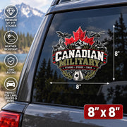 8x8 inch Canadian Military car window decal mockup showing the red maple leaf and military design on a dark SUV window with mountain scenery.