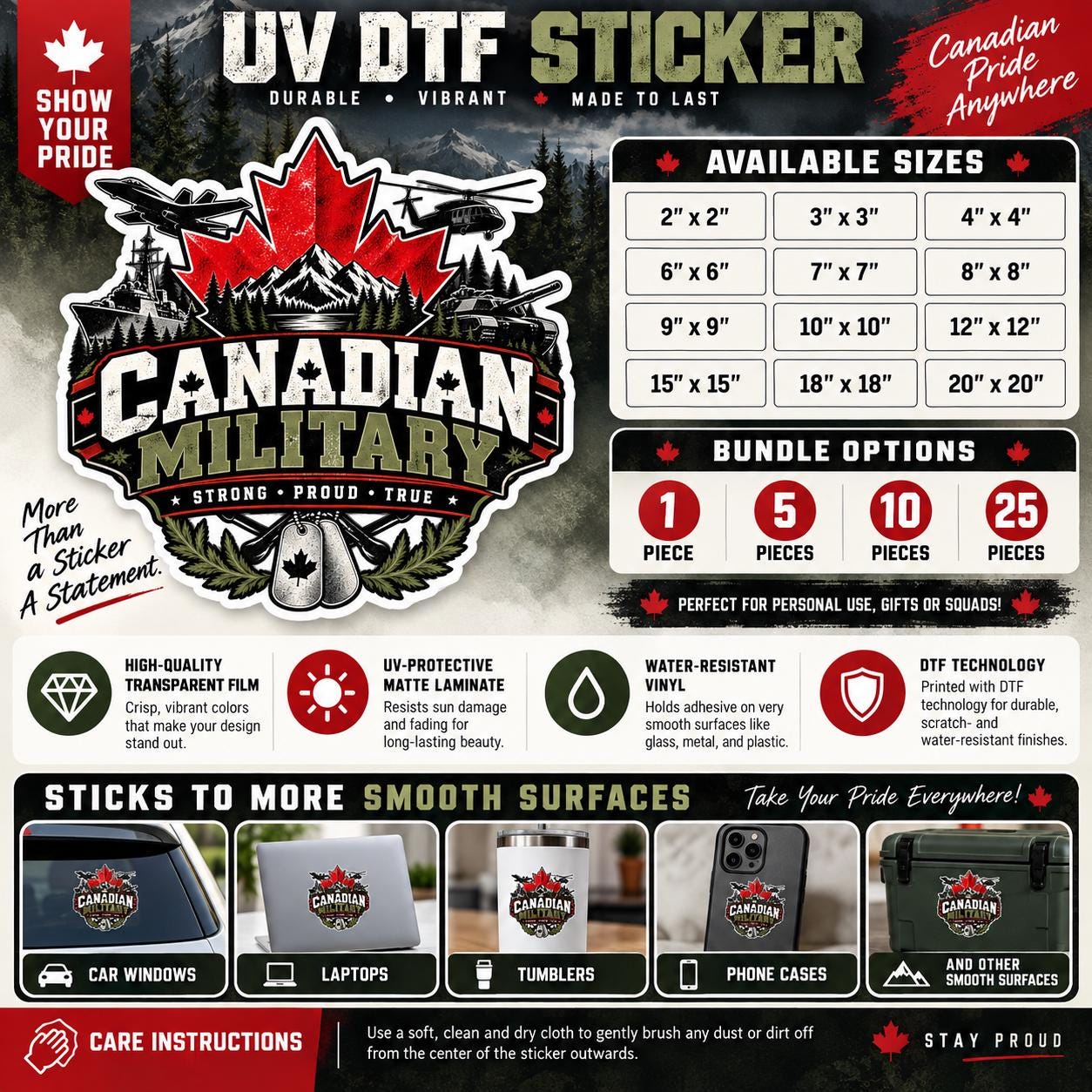 Canadian Military UV DTF sticker information mockup showing available sizes, bundle options, product features, recommended surfaces, and care instructions.
