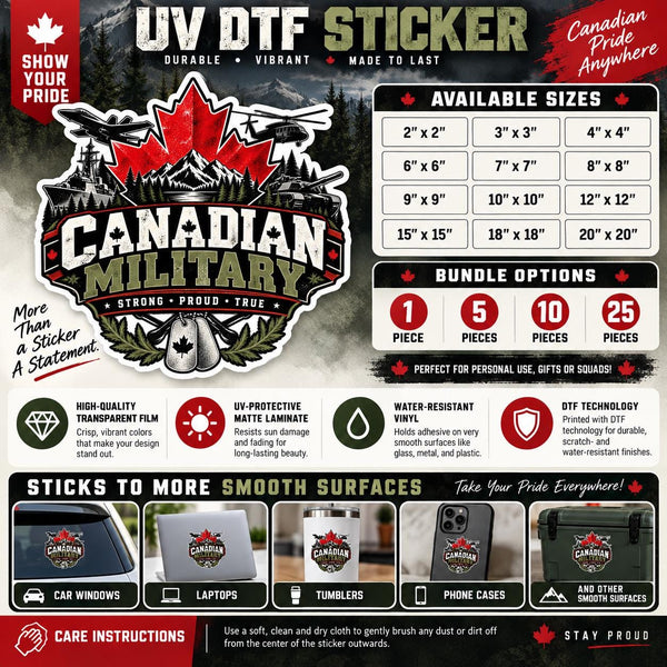 Canadian Military UV DTF sticker information mockup showing available sizes, bundle options, product features, recommended surfaces, and care instructions.