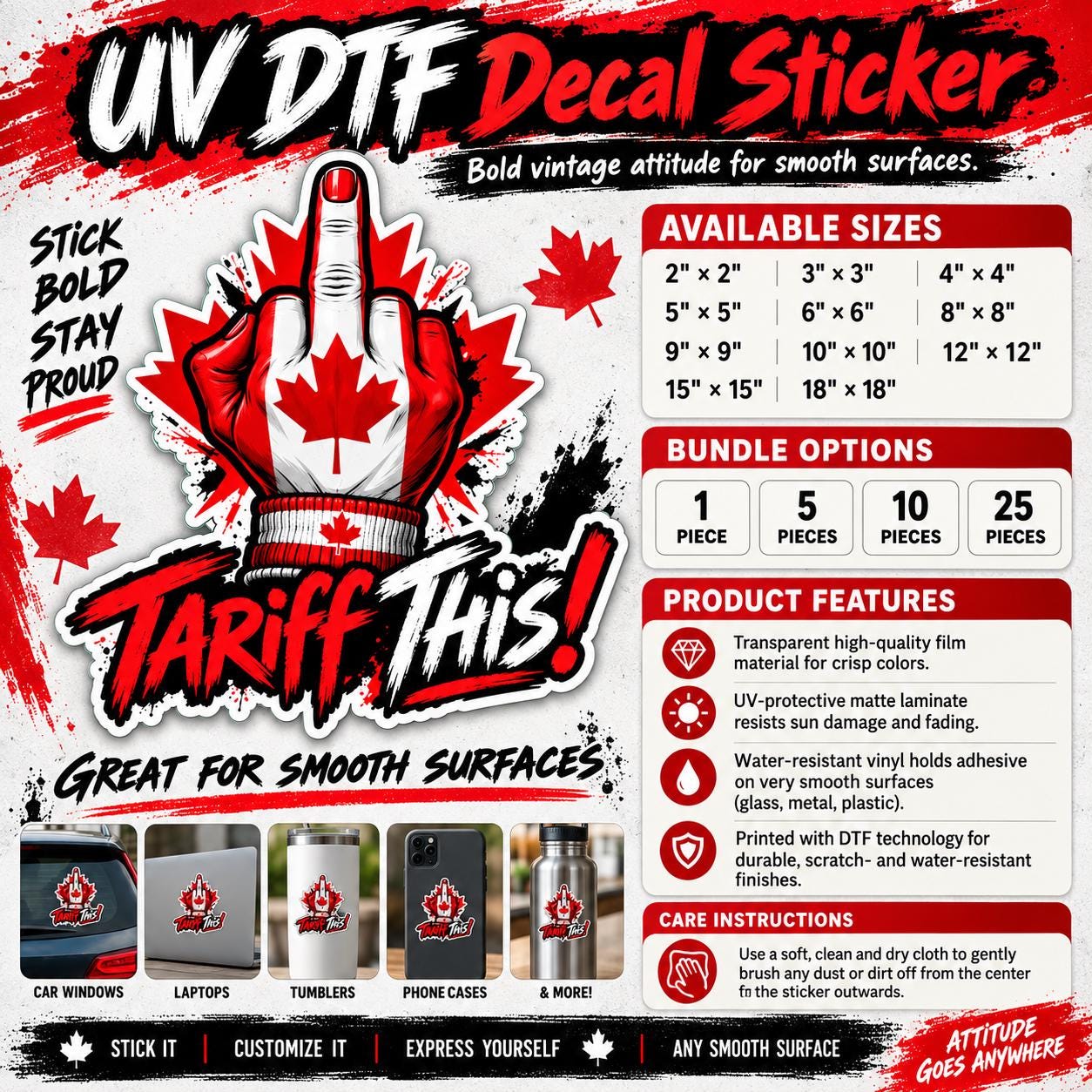 Product information mockup for “Tariff This” UV DTF stickers showing available sizes, bundle options, product features, recommended smooth surfaces, and care instructions.