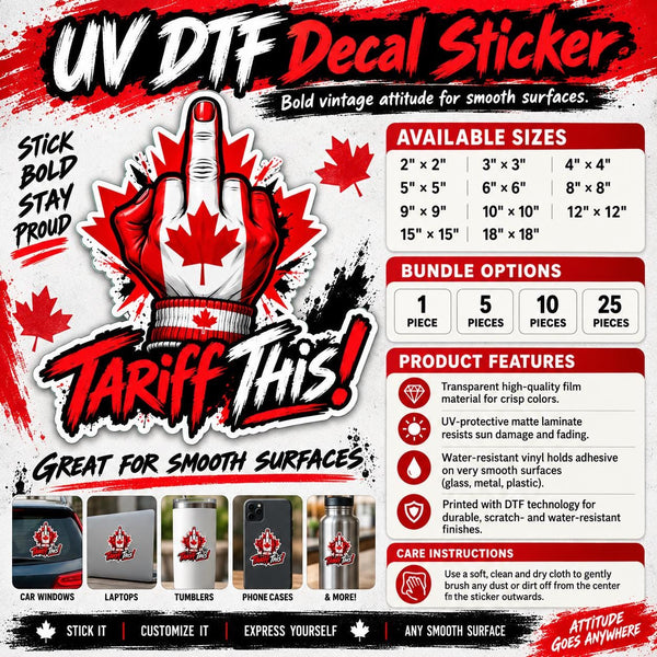 Product information mockup for “Tariff This” UV DTF stickers showing available sizes, bundle options, product features, recommended smooth surfaces, and care instructions.