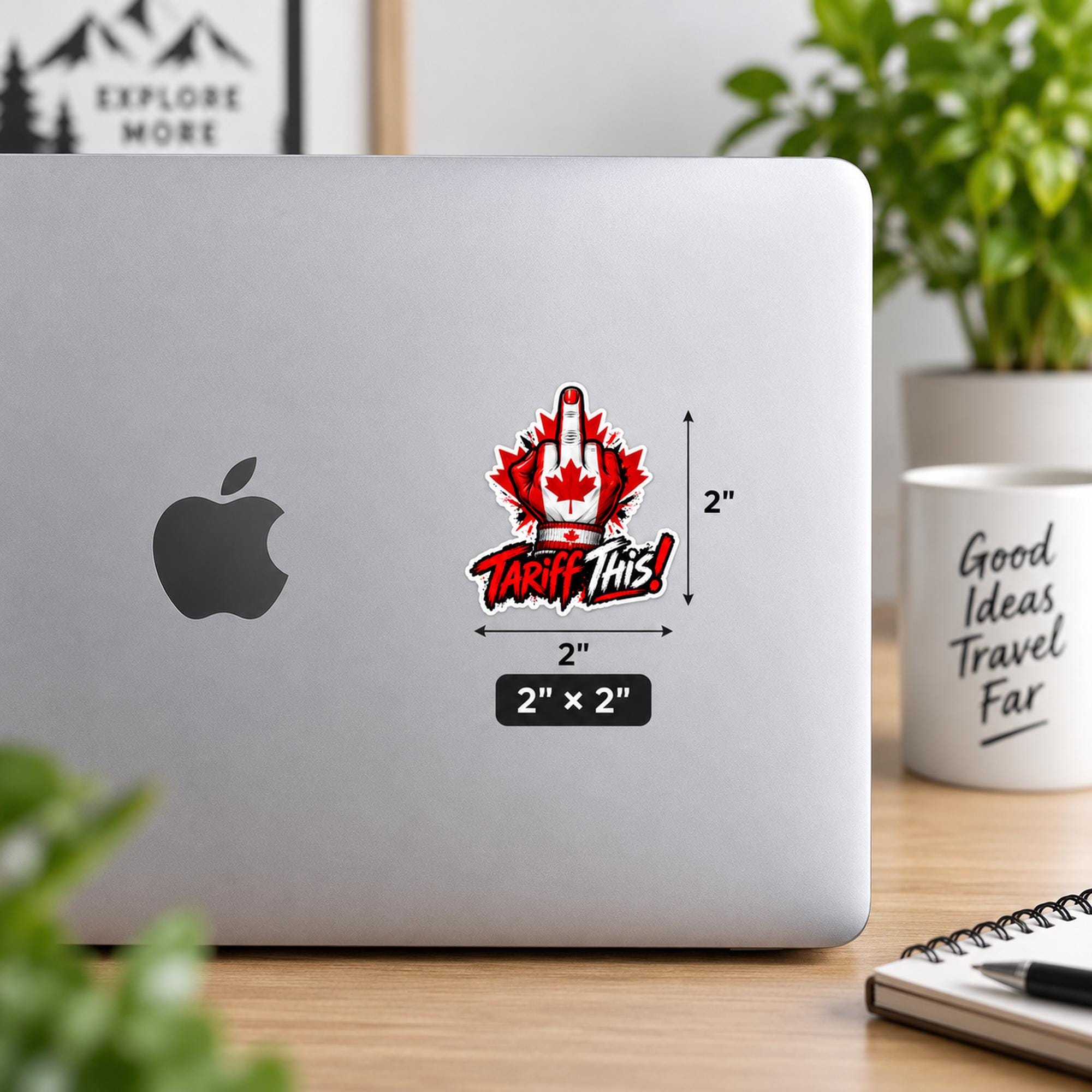 2x2 inch “Tariff This” UV DTF sticker mockup on a silver laptop featuring a red maple leaf, Canadian flag details, and bold distressed lettering.