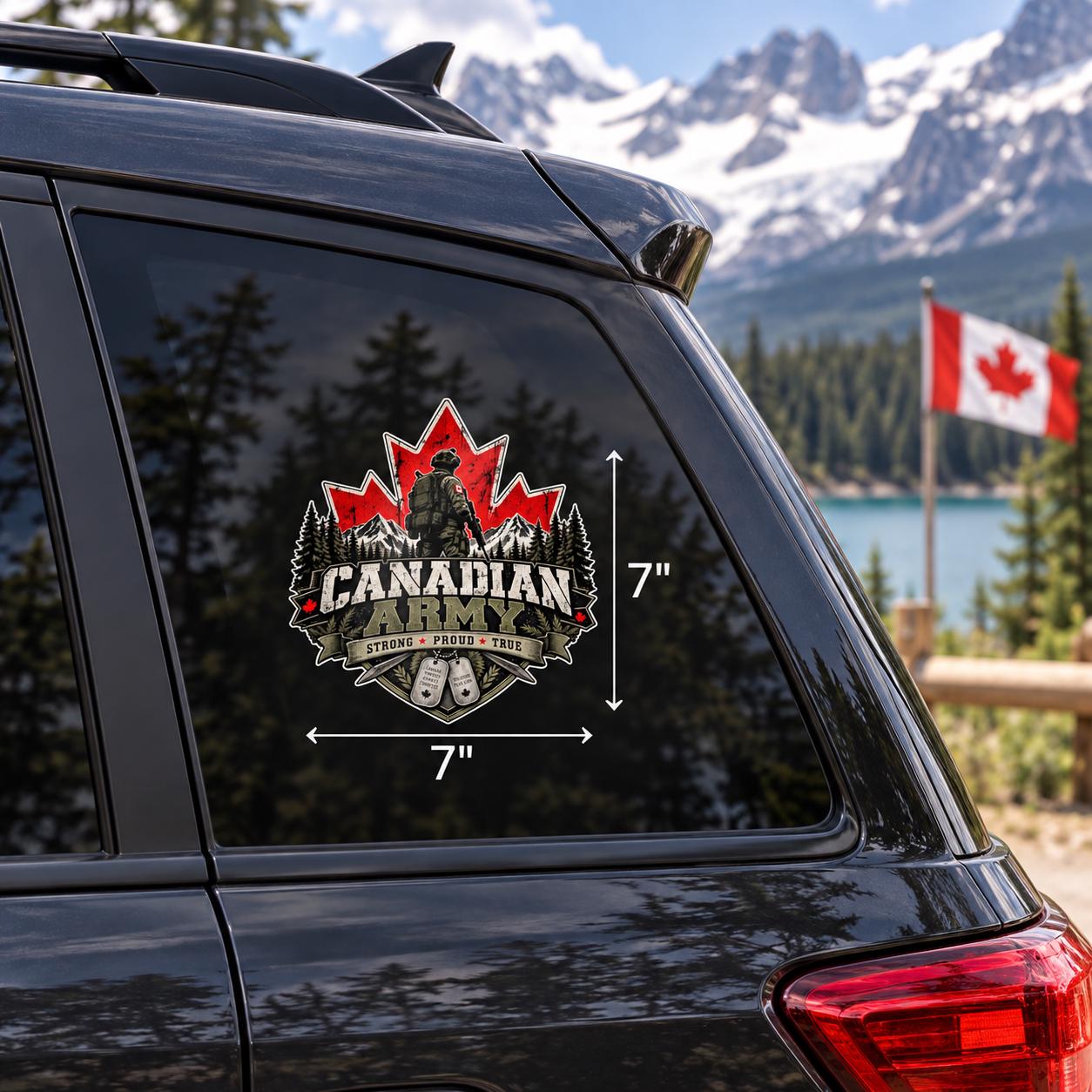 7x7 inch Canadian Army UV DTF sticker mockup shown on a vehicle window with Canadian flag and mountain background.