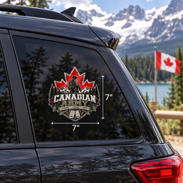 7x7 inch Canadian Army UV DTF sticker mockup shown on a vehicle window with Canadian flag and mountain background.