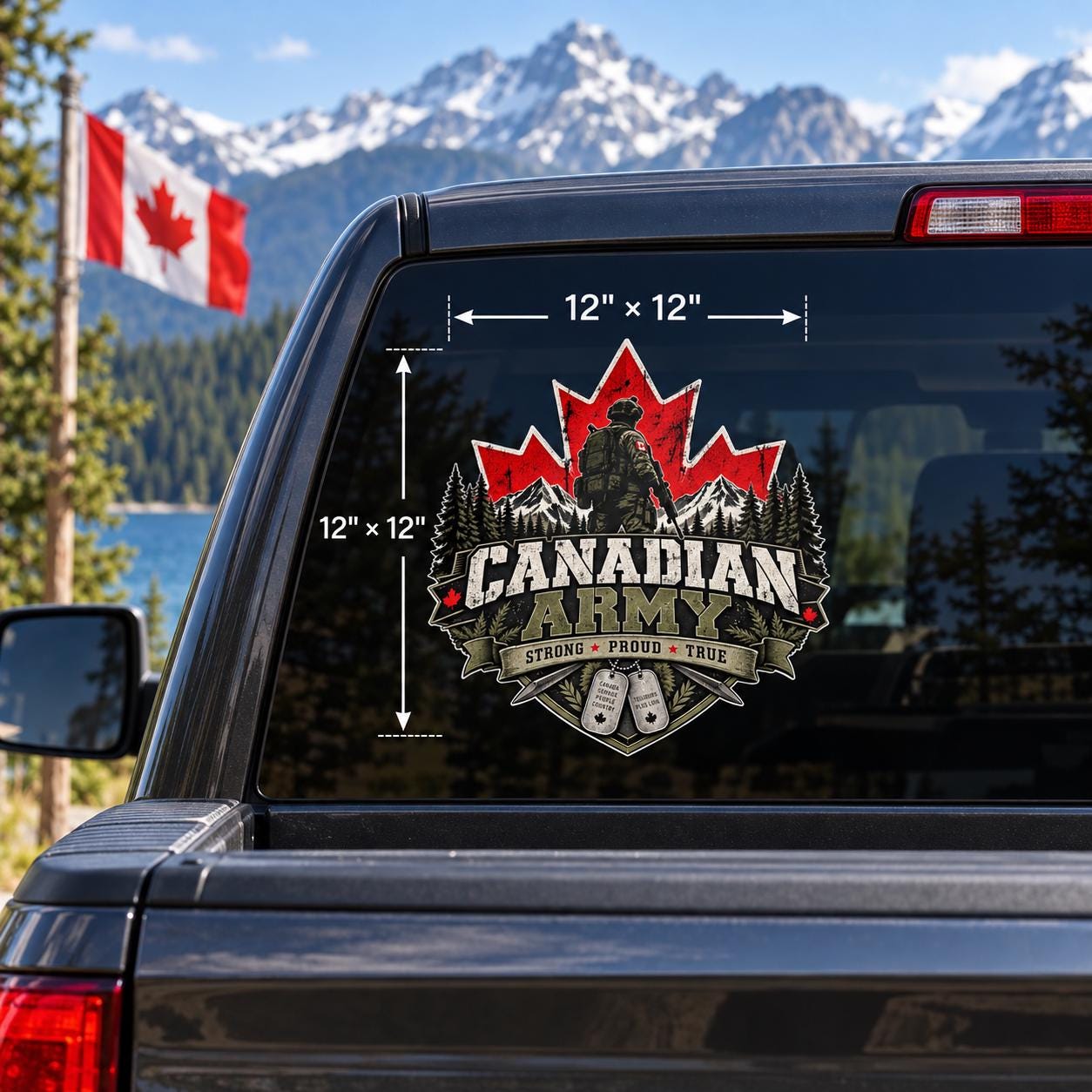 12x12 inch Canadian Army UV DTF decal mockup displayed on a truck rear window with visible measurement arrows and large military emblem.