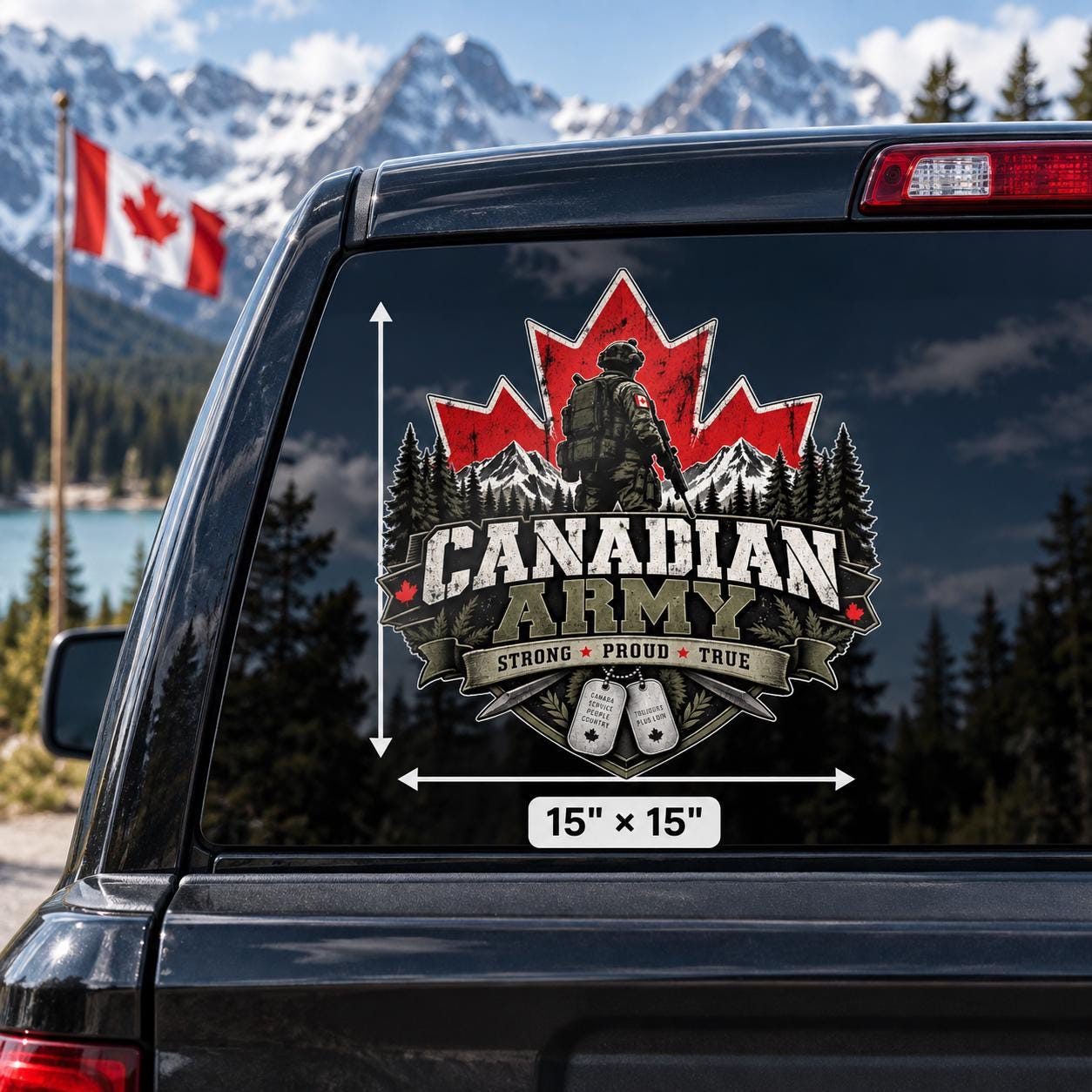 15x15 inch Canadian Army car window sticker mockup featuring the oversized military design on a dark vehicle window with mountain scenery.