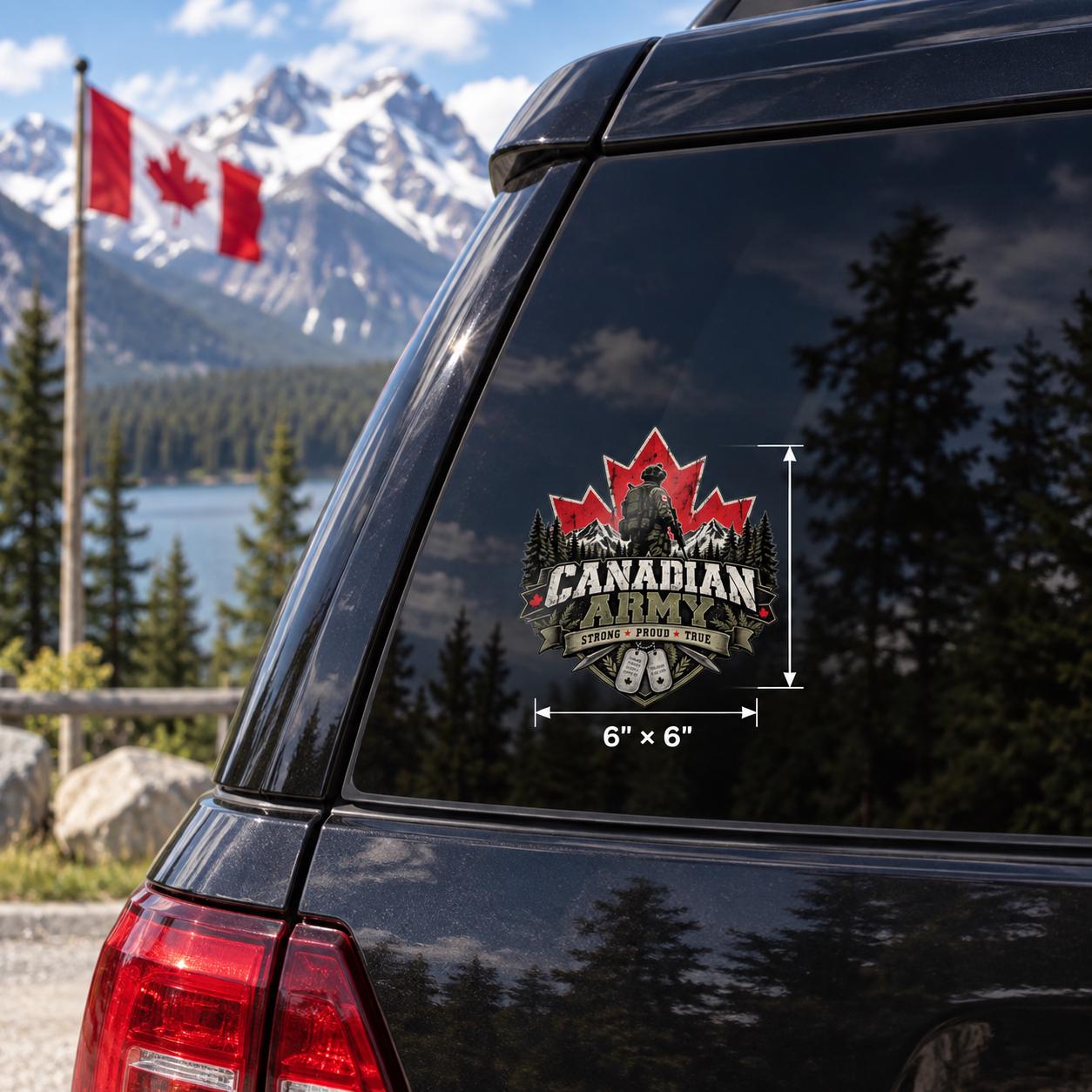 6x6 inch Canadian Army car window decal mockup on a dark SUV window with mountain scenery and accurate size reference.