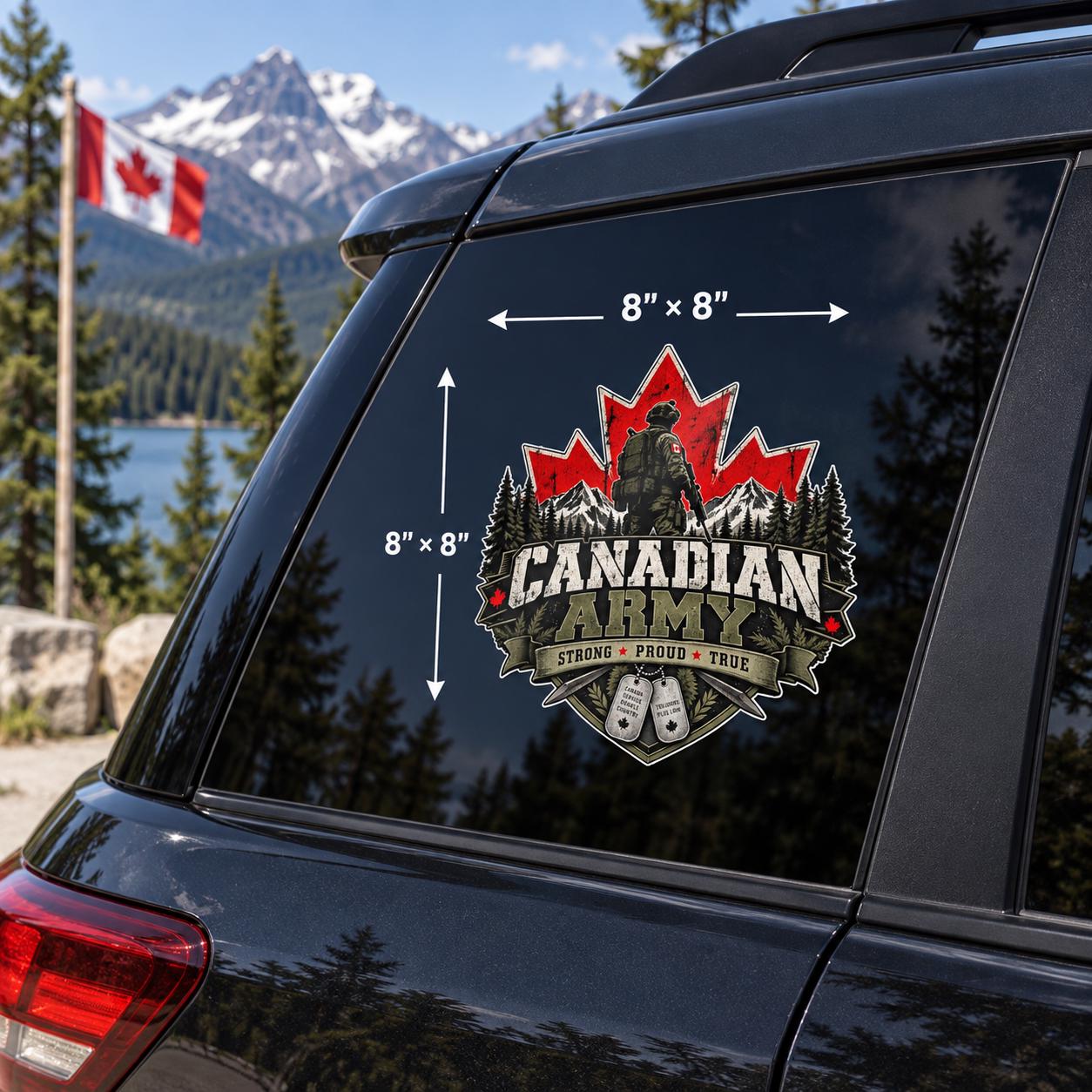 8x8 inch Canadian Army car decal mockup featuring the soldier, maple leaf, pine trees, dog tags, and “Strong Proud True” design.