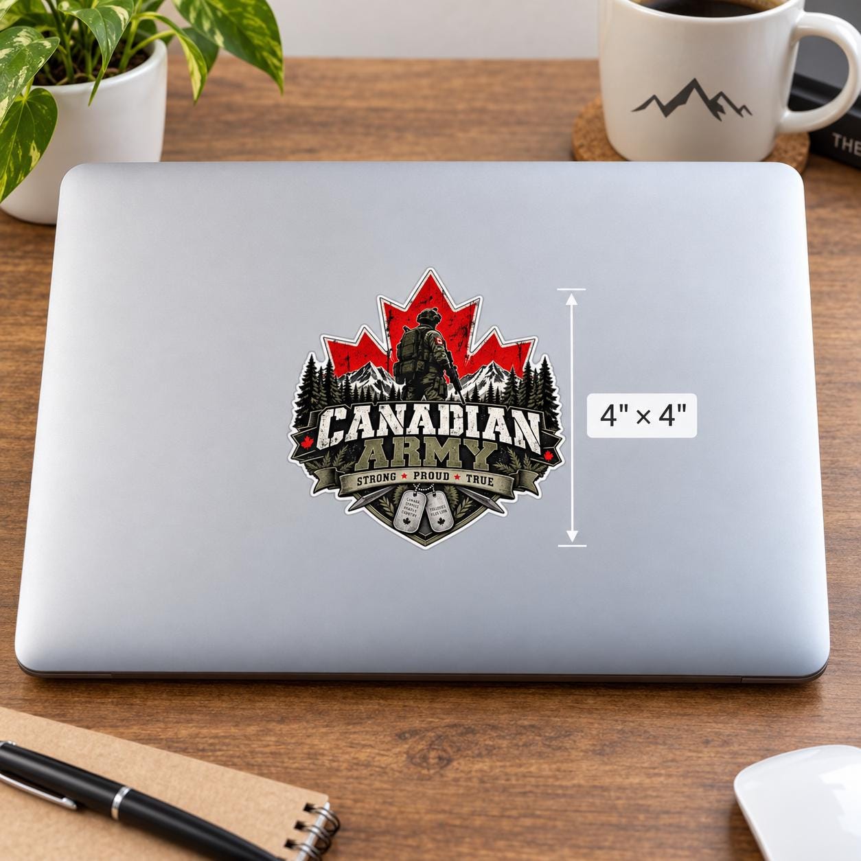 4x4 inch Canadian Army UV DTF decal mockup shown on a laptop with bold military graphics and visible size label.