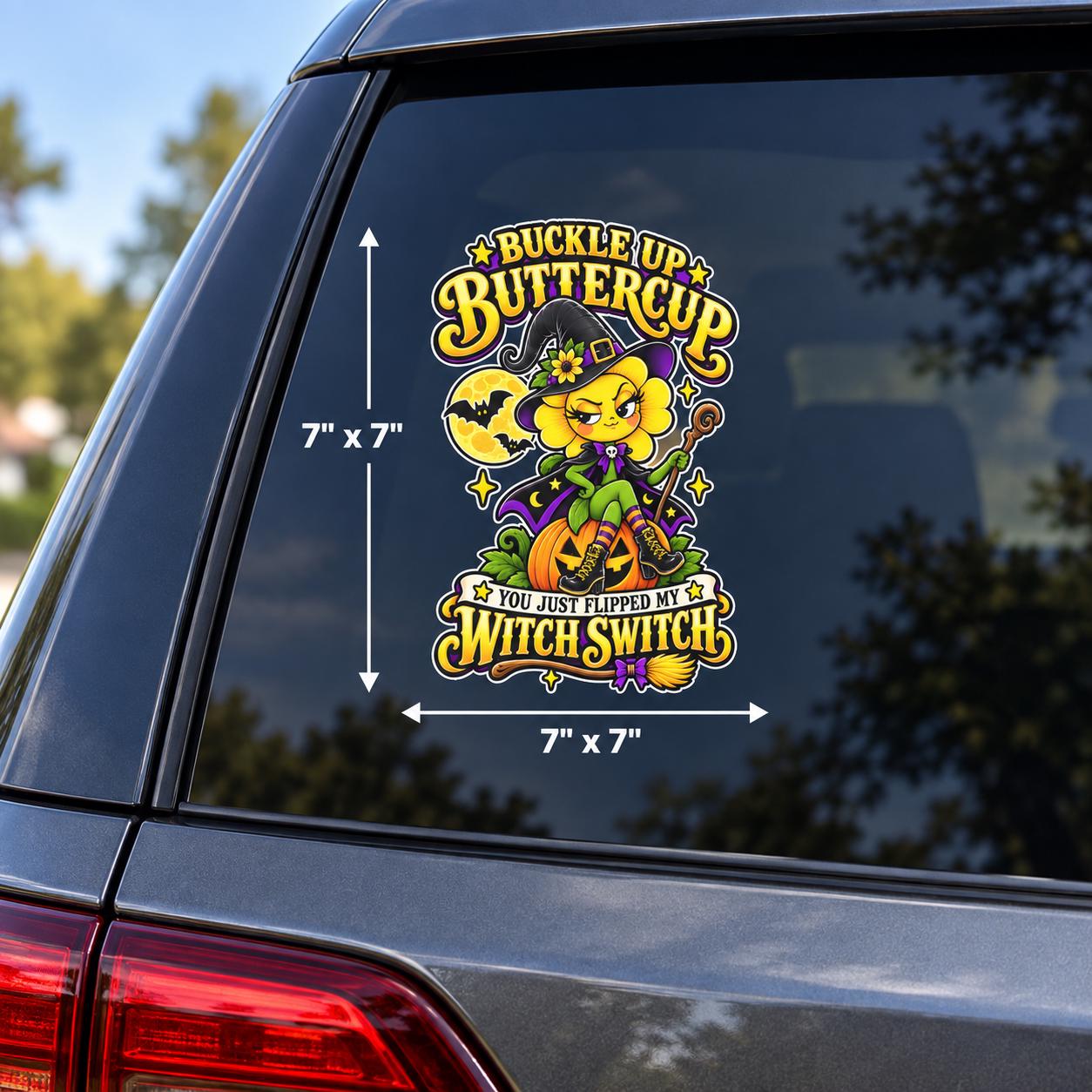 7x7 inch witchy Halloween car window sticker mockup shown on an SUV with bold yellow, purple, orange, and green design.