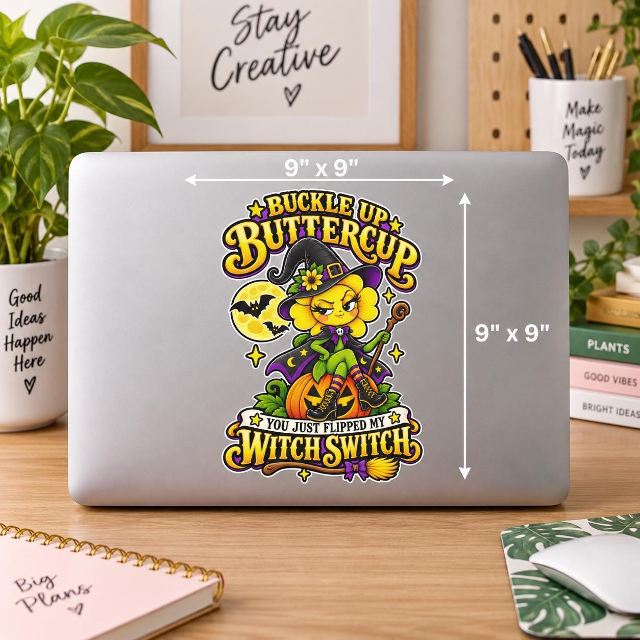 9x9 inch Halloween laptop sticker mockup featuring the Buckle Up Buttercup design with witch hat, bats, pumpkin, and broom details.