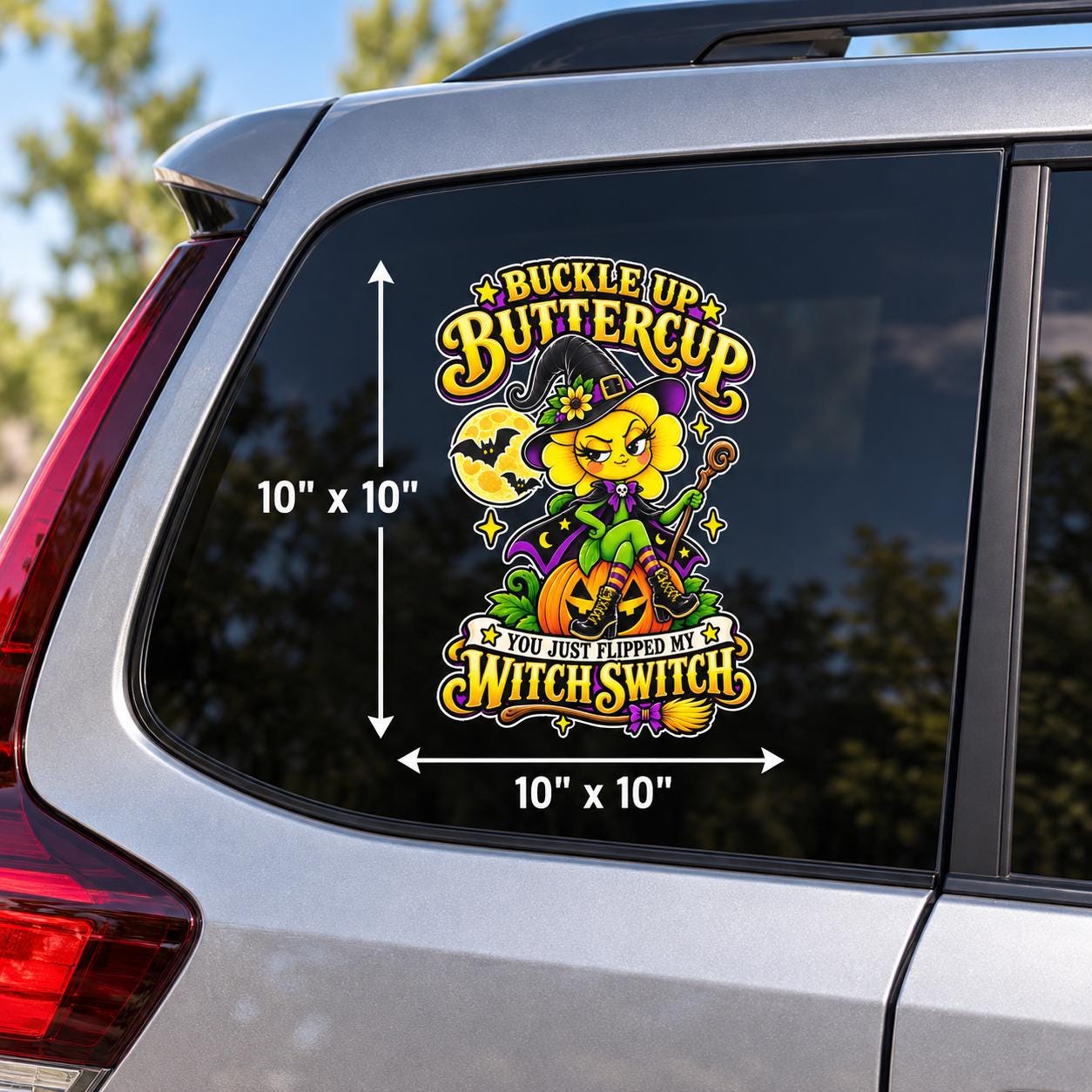 10x10 inch Buckle Up Buttercup car window decal mockup displayed on a dark SUV window with measurement arrows for scale.