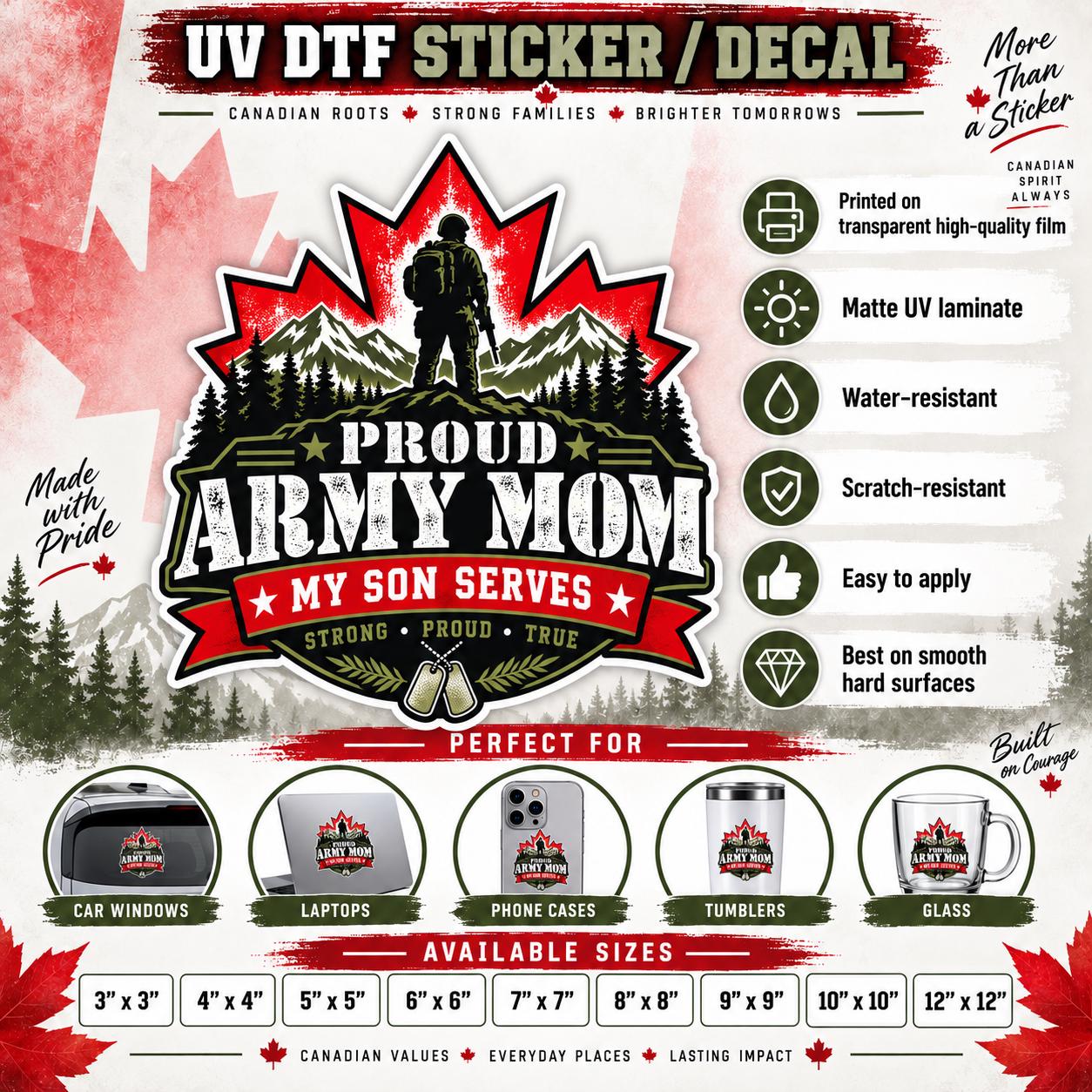 Informational Mockup: Proud Army Mom UV DTF decal information graphic showing Canadian-themed artwork, product features, recommended smooth surfaces, and available sticker sizes.
