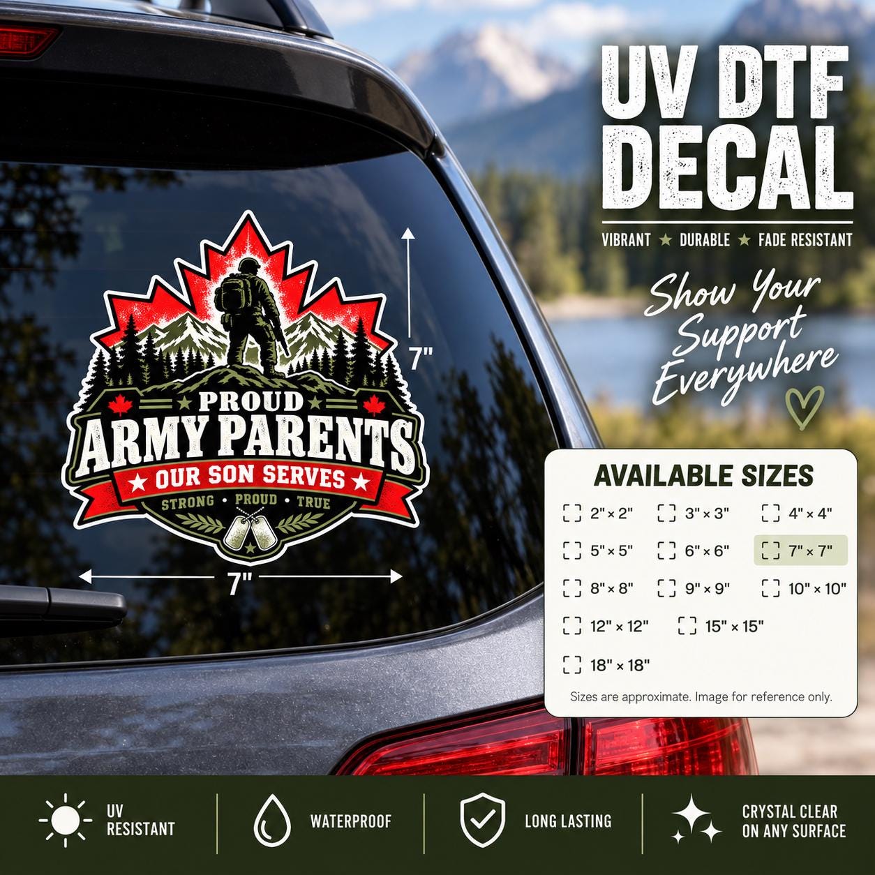 Proud Army Parents UV DTF decal displayed on a dark vehicle window with red maple leaf, mountain scenery, soldier silhouette, and available size information.