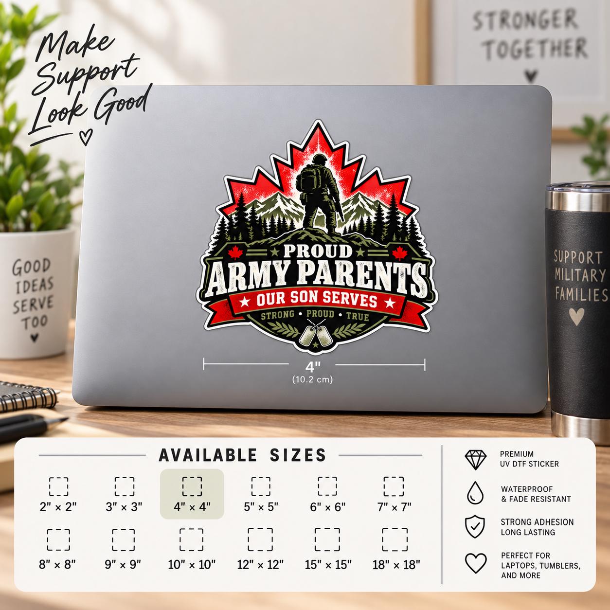 Proud Army Parents decal shown on a silver laptop with rugged red, black, olive, and white military-inspired artwork and size chart details.