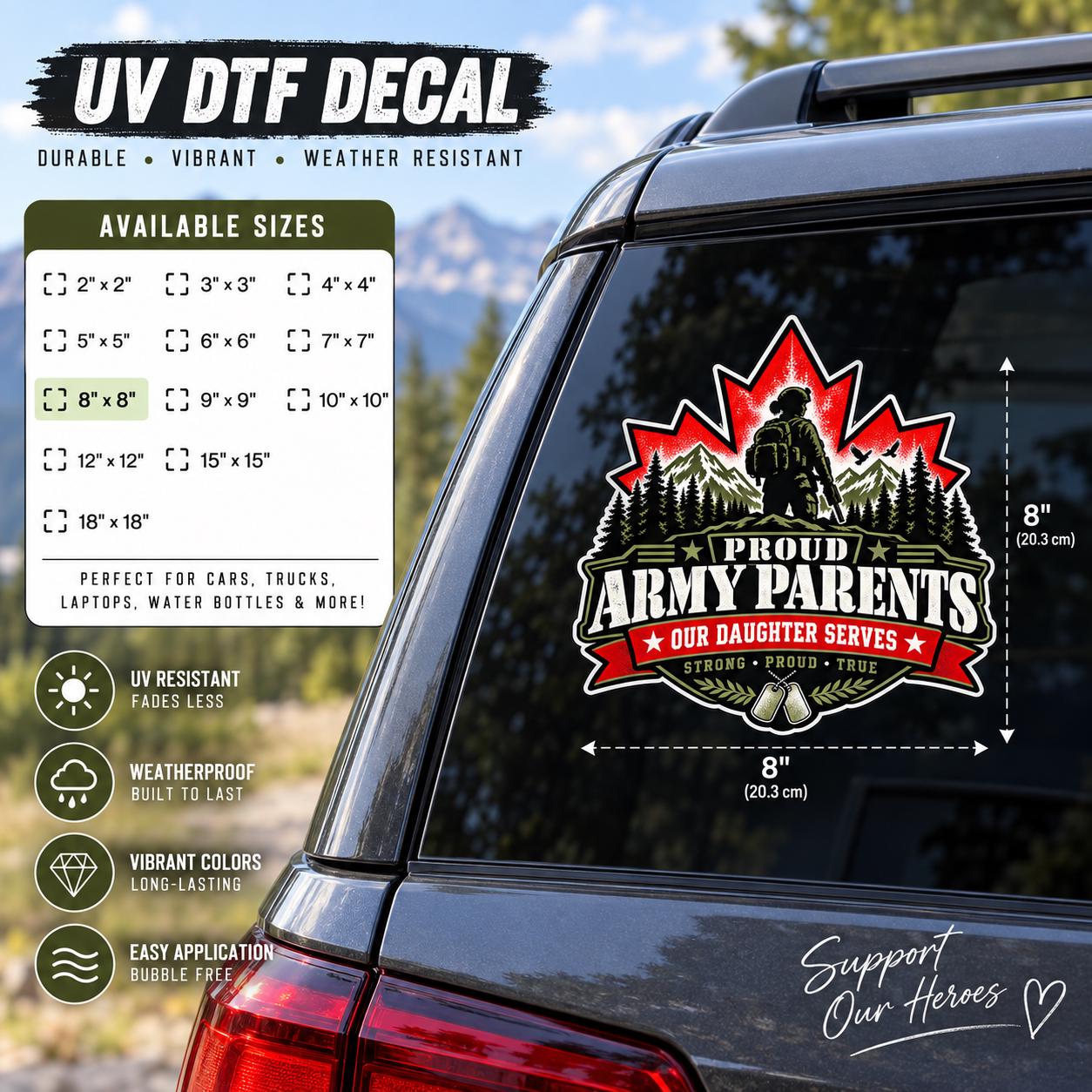 Proud Army Parents decal shown on a vehicle rear window with available sizes, UV DTF sticker information, and military family design.