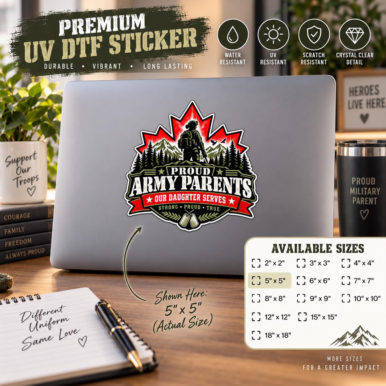 Proud Army Parents UV DTF sticker displayed on a laptop in a workspace with premium sticker details and available size chart.