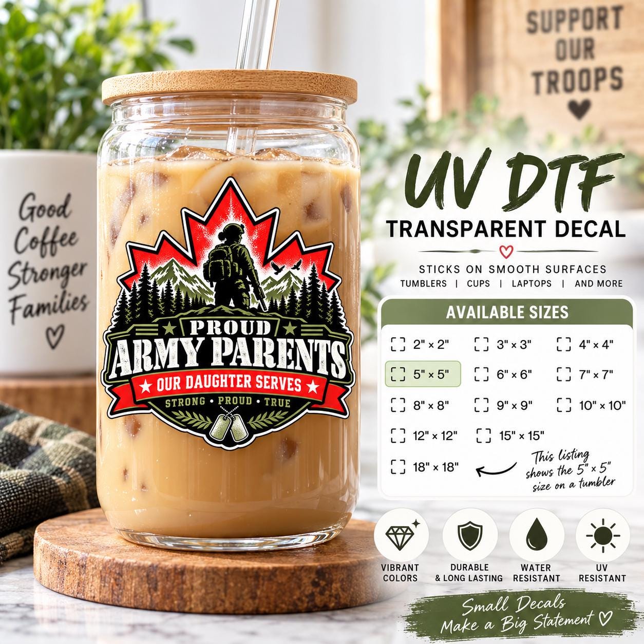 Proud Army Parents decal shown on a clear glass tumbler with military family artwork, red maple leaf, and UV DTF product information.