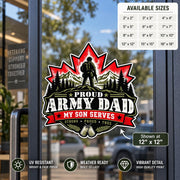 Proud Army Dad My Son Serves UV DTF decal displayed on a storefront glass door with military silhouette, mountains, maple leaf, and dog tags.
