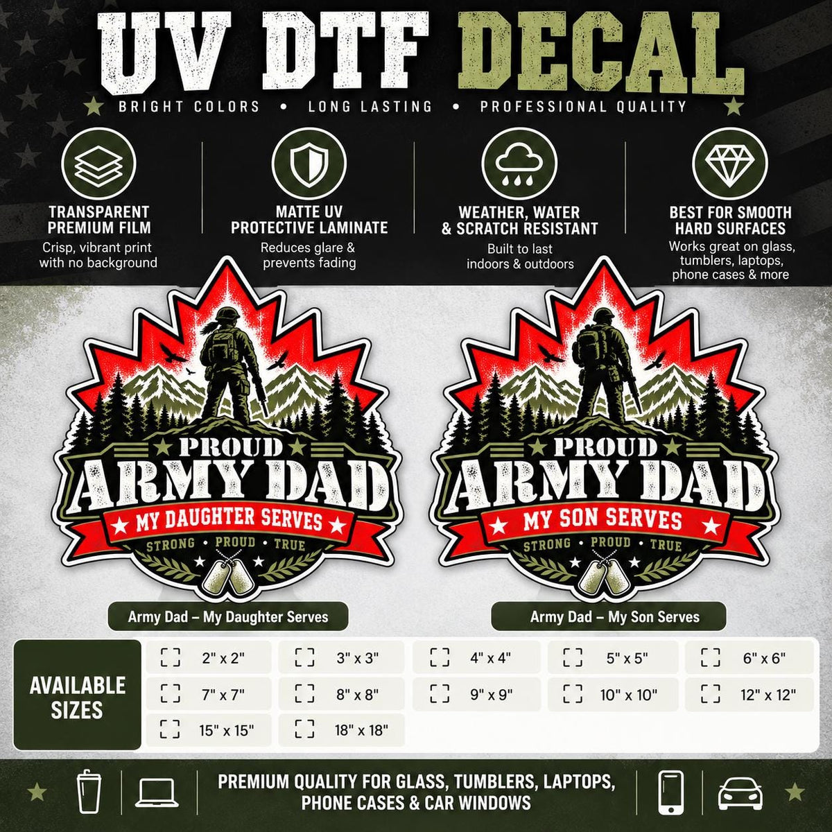 Product information graphic for Proud Army Dad UV DTF decals showing My Son Serves and My Daughter Serves options, available sizes, features, and smooth-surface uses.