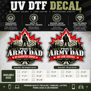 Product information graphic for Proud Army Dad UV DTF decals showing My Son Serves and My Daughter Serves options, available sizes, features, and smooth-surface uses.