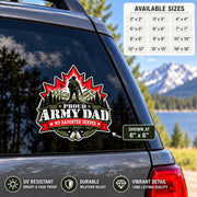 Proud Army Dad My Daughter Serves UV DTF decal shown on a vehicle window with red maple leaf, mountain scenery, soldier silhouette, and dog tags.