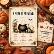 Vintage A Baby Is Brewing Halloween baby shower invitation with gothic pumpkins, celestial accents and editable Canva event details.
