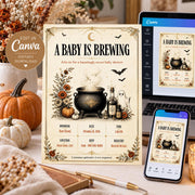 Vintage A Baby Is Brewing Halloween baby shower invitation with gothic pumpkins, celestial accents and editable Canva event details.