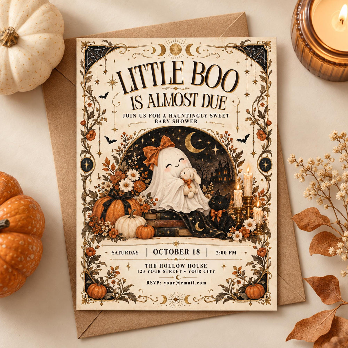Little Boo Is Almost Due editable Halloween baby shower invitation displayed on a simple autumn flatlay with pumpkins and candle.