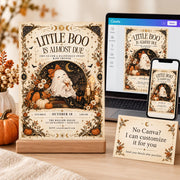 Halloween baby shower invitation shown with Canva on desktop and phone plus a note offering custom personalization for buyers.