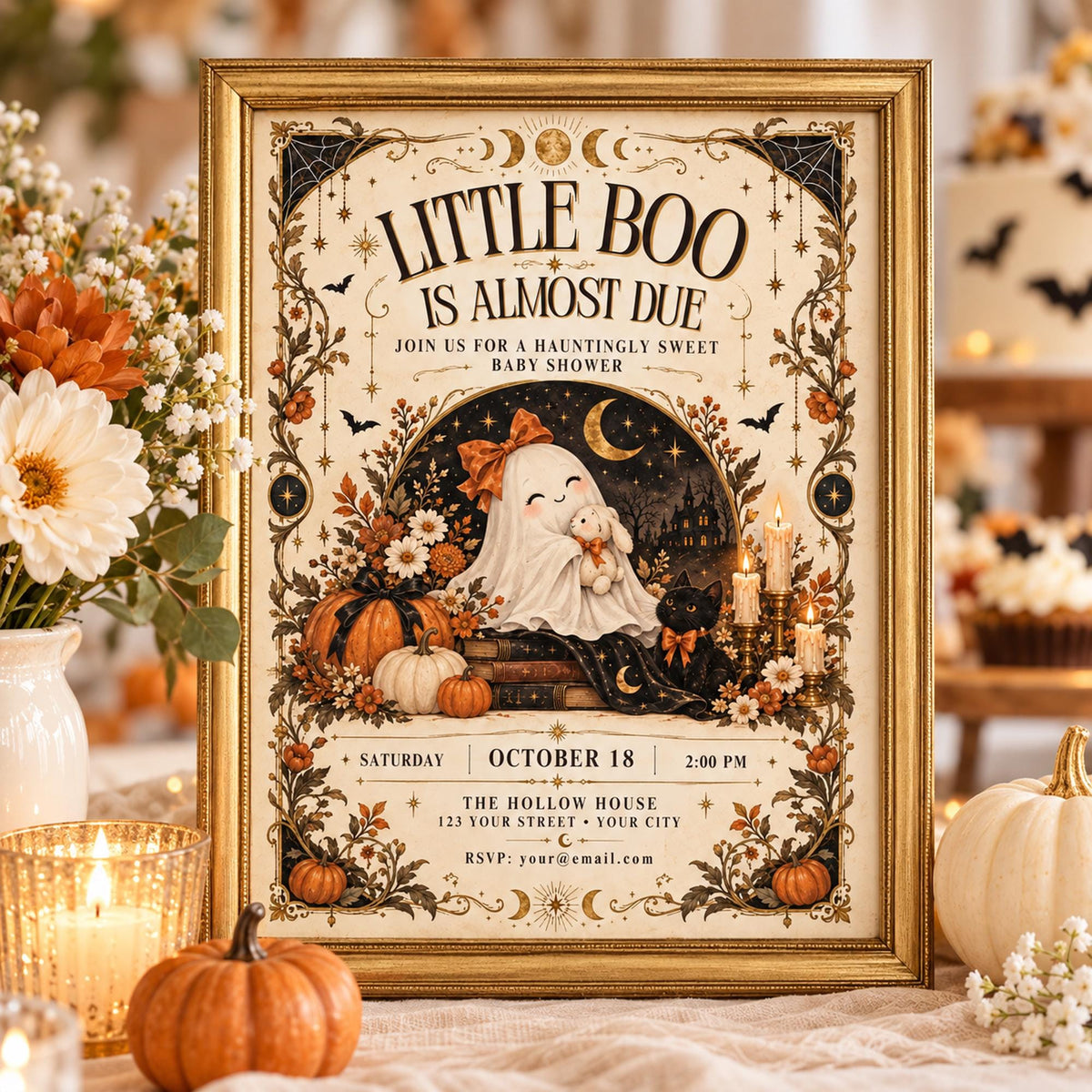 Vintage Halloween baby shower invitation displayed in a gold frame at a warm fall celebration table.