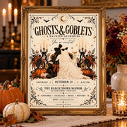 Vintage Ghosts and Goblets invitation shown in a gold frame at an elegant Halloween party setting.