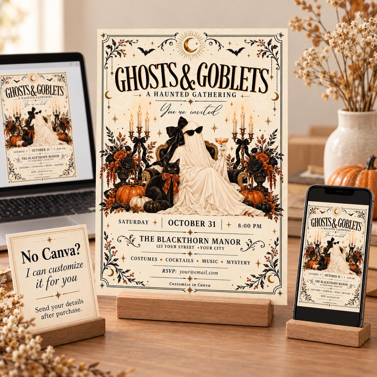 Halloween invitation shown with desktop and mobile Canva previews plus an option for seller customization.