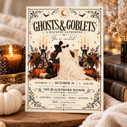 Vintage haunted gathering invitation displayed in a warm fall setting with candlelight, pumpkins, and antique books.