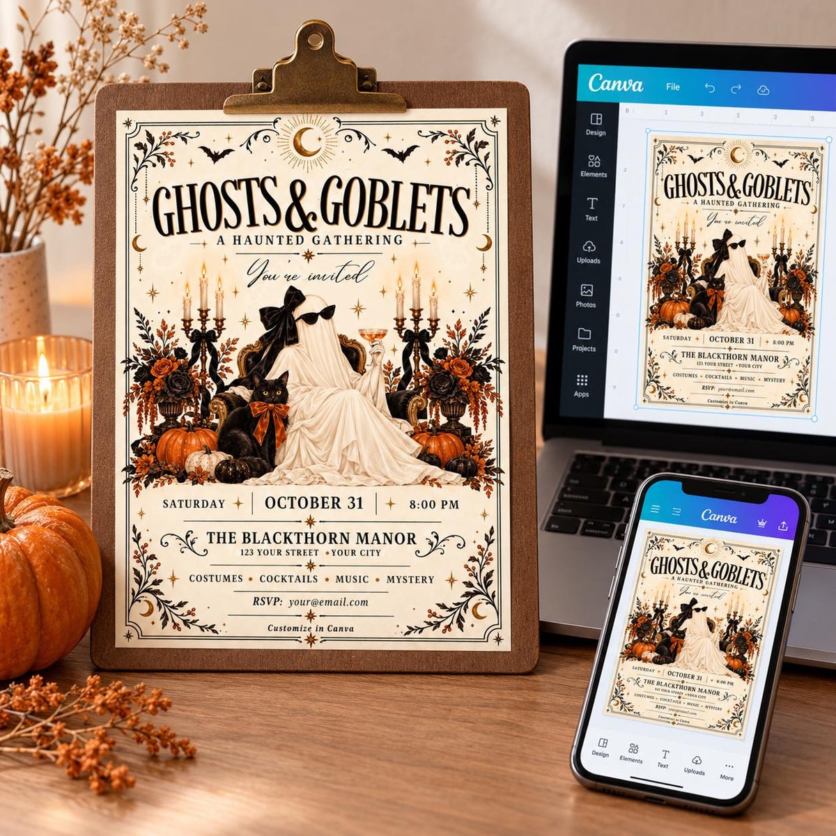 Editable Halloween party invitation displayed beside a laptop and phone showing the Canva editing interface.