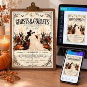 Editable Halloween party invitation displayed beside a laptop and phone showing the Canva editing interface.