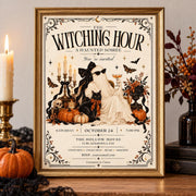 Vintage haunted soirée invitation shown in an antique gold frame with simple gothic fall decor.