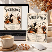 Editable Witching Hour Halloween invitation displayed beside a laptop in a clean Canva editing workspace.