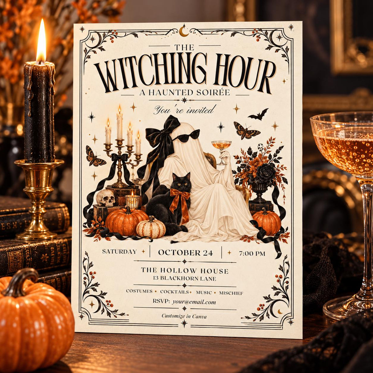 Vintage haunted soirée invitation shown in an antique gold frame with simple gothic fall decor.