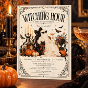 Vintage haunted soirée invitation shown in an antique gold frame with simple gothic fall decor.