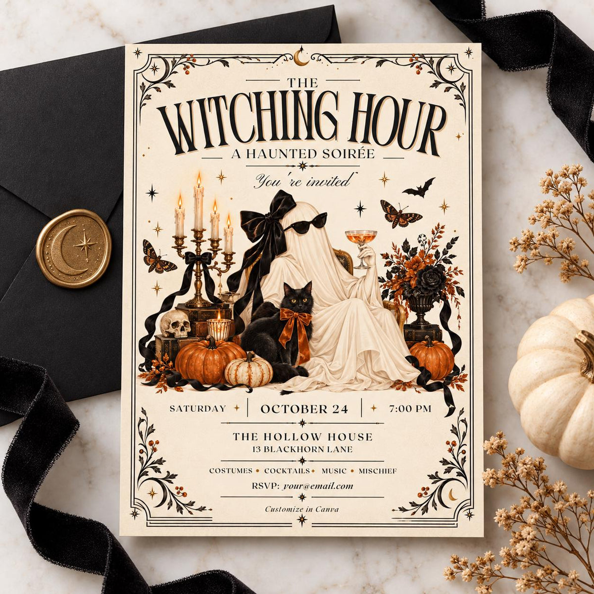 The Witching Hour printable invitation paired with a black envelope, wax seal, ribbon, and soft autumn accents.