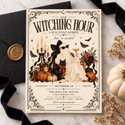 The Witching Hour printable invitation paired with a black envelope, wax seal, ribbon, and soft autumn accents.