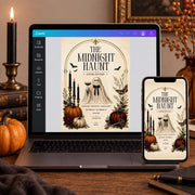 Editable Midnight Haunt invitation displayed on laptop and phone screens in a warm Halloween workspace.