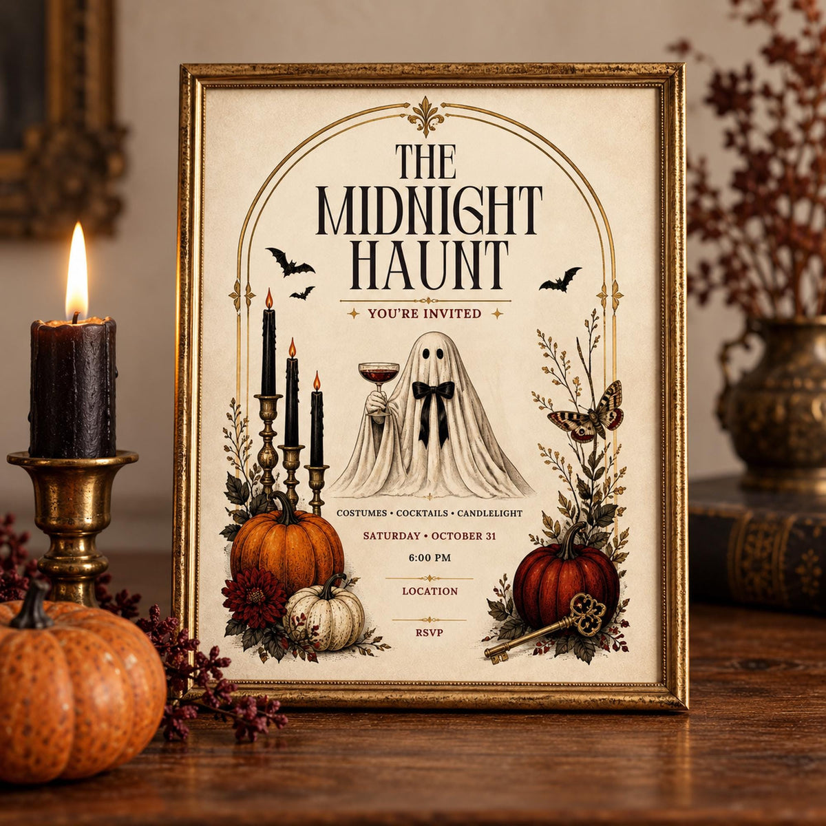 Vintage gothic Halloween invitation shown in an antique gold frame with simple candlelight and seasonal decor.