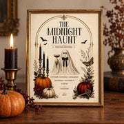 Vintage gothic Halloween invitation shown in an antique gold frame with simple candlelight and seasonal decor.