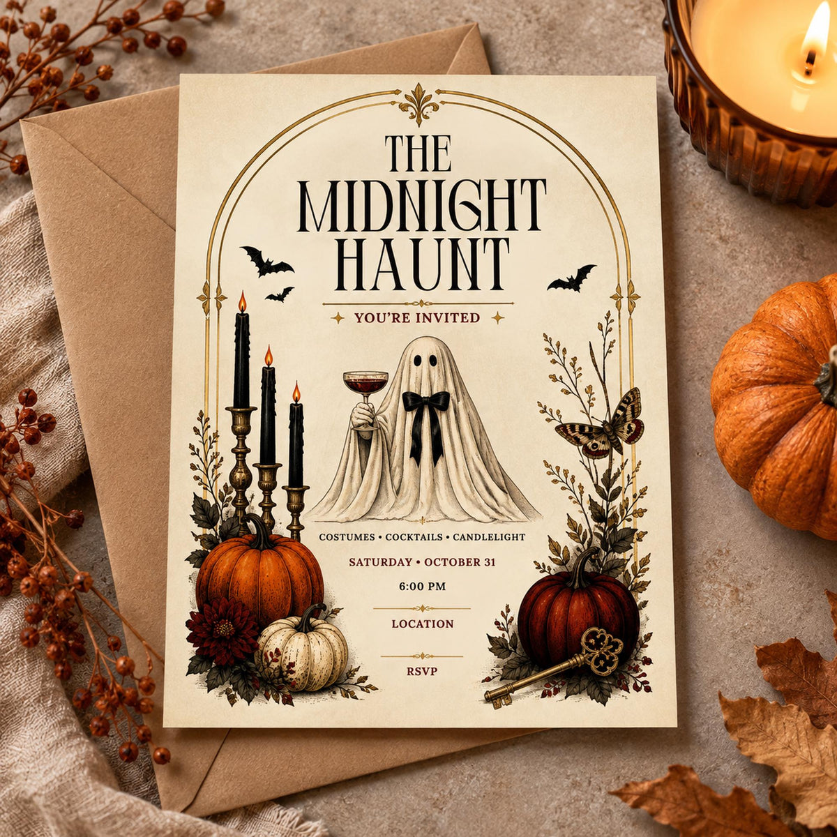 Midnight Haunt Halloween invitation displayed on a clean autumn flatlay with envelope, candle, pumpkins, and dried florals.