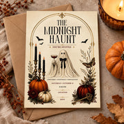Midnight Haunt Halloween invitation displayed on a clean autumn flatlay with envelope, candle, pumpkins, and dried florals.