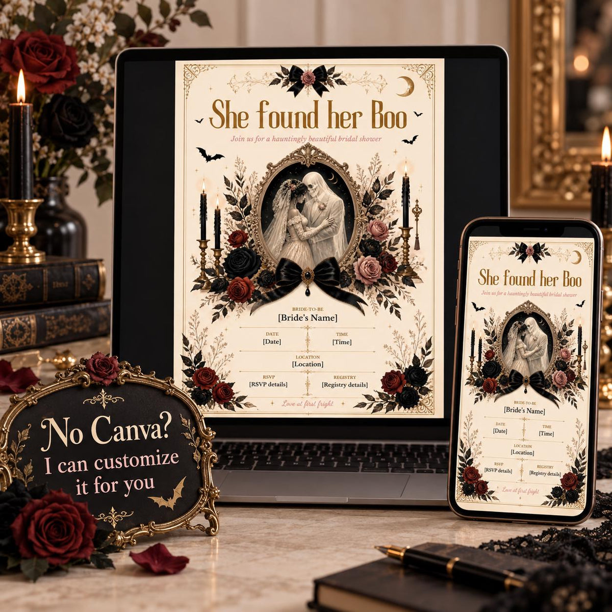 Editable She Found Her Boo bridal shower Canva template with ghost bride artwork, black and blush roses, candlelight, and gothic romance styling.
