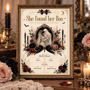 She Found Her Boo invitation styled with black ribbon, burgundy roses, candlelight, and vintage gold accents.