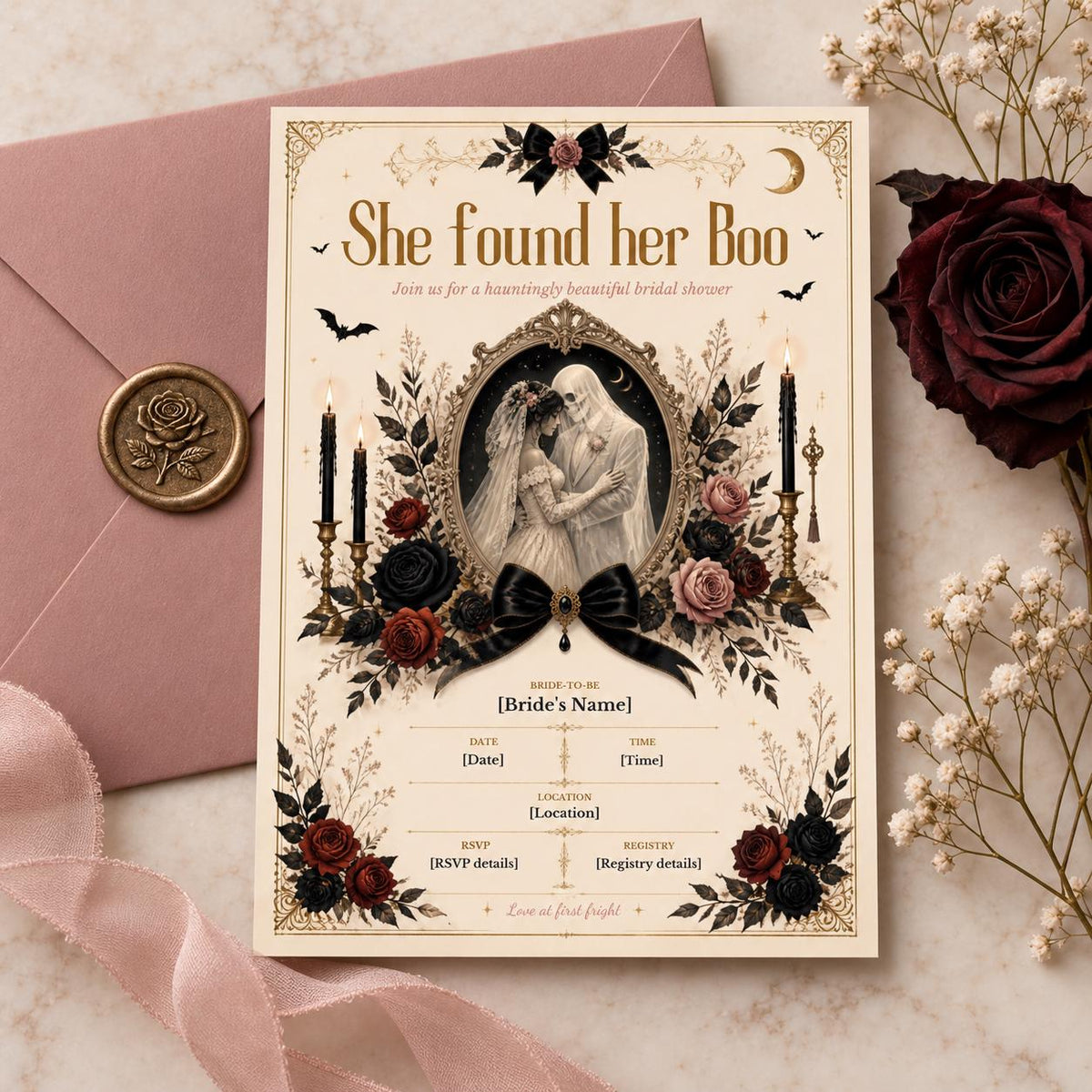She Found Her Boo Bridal Shower Invitation, Gothic Canva Template, Editable Halloween Bride Invite, Printable Digital Download